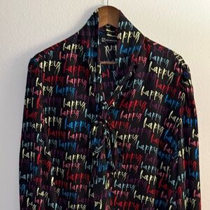 New York & Company Black Button-Down Shirt with Multicolor 'happy' Script